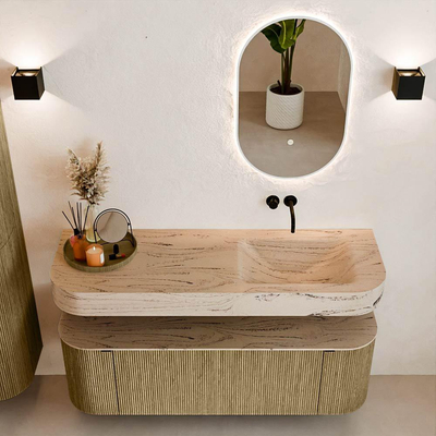 MONDIAZ THOR-DLUX 140cm meuble de salle de bains arrondi gauche + droite couleur Dusk avec 1 tiroir et 2 portes. Vasque suspendue CLOUD droite sans trou de robinet couleur Arena.