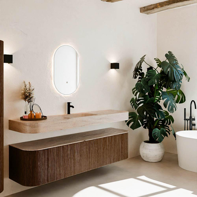 MONDIAZ THOR-DLUX 180cm meuble de salle de bains arrondi gauche + droite couleur Walnut avec 2 tiroirs et 2 portes. Vasque suspendue CLOUD Milieu 1 trou de robinet couleur Saba.