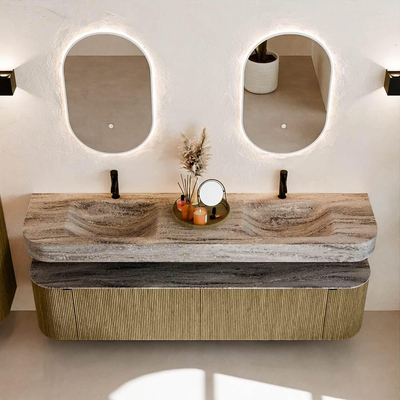 MONDIAZ THOR-DLUX 190cm meuble de salle de bains arrondi gauche + droite couleur Dusk avec 2 tiroirs et 2 portes. Vasque suspendue CLOUD Double 2 trous de robinet couleur Oza.