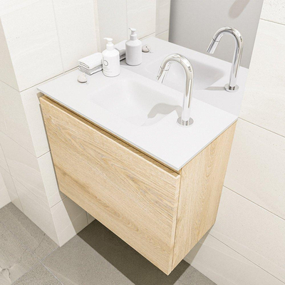 MONDIAZ OLAN Fonteinset - 60x30x40cm - 1 kraangat - 1 lade - washed oak mat - wasbak midden - Solid Surface Wit
