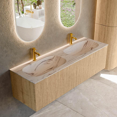 MONDIAZ KURVE-DLUX 150cm badmeubel kleur Oak met 2 lades en 0 deuren. Wastafel STOR SMALL Dubbel 2 kraangaten Nata.