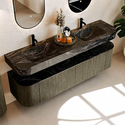 MONDIAZ THOR-DLUX 180cm meuble de salle de bains arrondi gauche + droite couleur Shadow avec 2 tiroirs et 2 portes. Vasque suspendue CLOUD Double 2 trous de robinet couleur Lava.