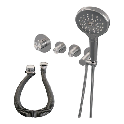 BRAUER Stripe Mitigeur thermostatique de bain - SET 02 - encastré - combinaison de remplissage de baignoire - douchette 3 positions - flexible de douche - coude mural - couleur inox brossé PVD