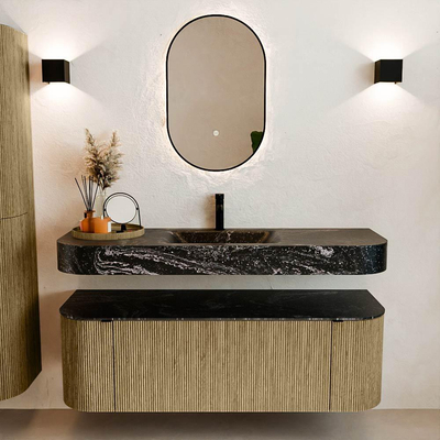 MONDIAZ THOR-DLUX Meuble de salle de bains - 140cm - arrondi gauche + droite - couleur Dusk - 1 tiroir - 2 portes - Vasque suspendue CLOUD centrale 1 trou de robinet - couleur Lava