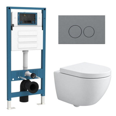 QeramiQ Dely Swirl Compact Ensemble WC - réservoir encastré QeramiQ flush - abattant 25 mm - plaque de commande en plastique gris clair - boutons ronds - blanc mat