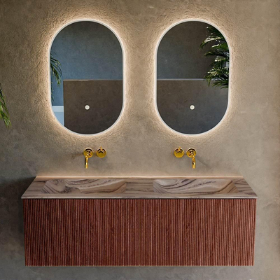 MONDIAZ KURVE-DLUX meuble de salle de bains 130 cm couleur Ruby avec 2 tiroirs et 0 porte. Lavabo LEAF double sans trou de robinet Sombra.