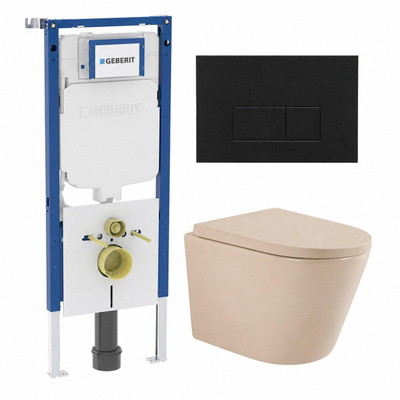 QeramiQ Dely Toiletset - 36.3x51.7cm - diepspoel - rimless - Geberit UP720 inbouwreservoir - softclose toilet zitting - 35mm - metaal mat zwart bedieningsplaat - rechthoekige knoppen - mat beige
