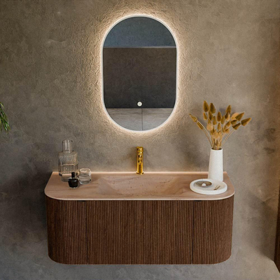 MONDIAZ KURVE-DLUX meuble de salle de bains 110cm arrondi Gauche + Droite couleur Walnut avec 1 tiroir et 2 portes. Plan-vasque CLOUD central 1 trou de robinet Saba.