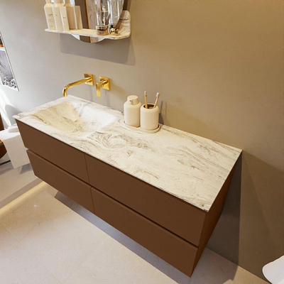 Mondiaz VICA-DLUX ensemble de meuble de salle de bain - 130cm - meuble sous-vasque repos - 4 tiroirs - lavabo encastré cloud gauche - sans trous de robinet - version haute de 60cm - glace