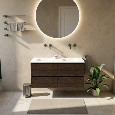 Saniclass Holz Pure Ensemble de meubles de salle de bains - 120x45x61.5cm - Lavabo Flow en solid surface blanc - 2 vasques - sans trous de robinetterie - 4 tiroirs - chêne charcoal mat (bois)