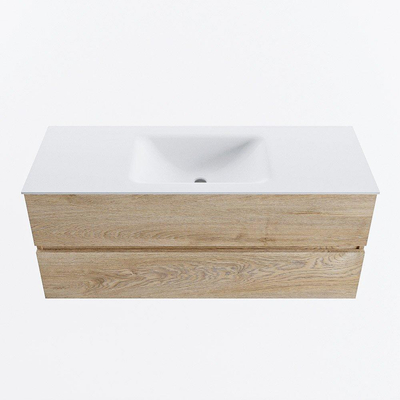 MONDIAZ VICA meuble sous lavabo 120cm Chêne blanchi 2 tiroirs. Lavabo CLOUD centre 1 trou de robinet, couleur Talc.