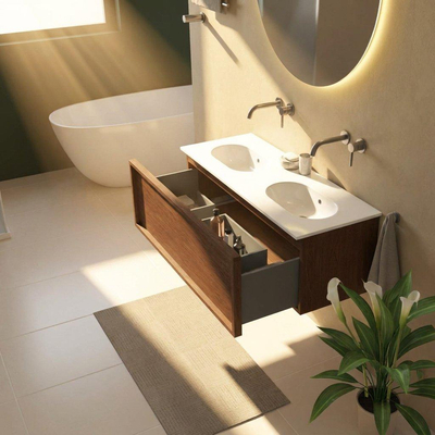 Saniclass Holz Frame Ensemble meuble de salle de bains - 120x45x54cm - Chaci lavabo en céramique blanc - 2 vasques - sans trous de robinetterie - 1 tiroir - walnut pure mat (bois)