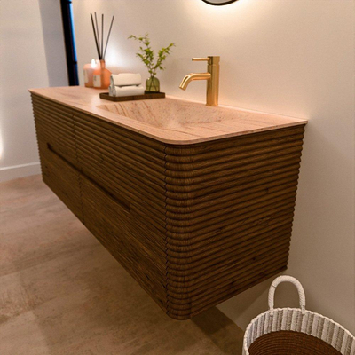 Mondiaz CIRO-DLUX Badkamermeubelset - 140x45x50cm - Solid surface wastafel Saba - 1 wasbak Rechts - 1 kraangat - 4 lades - Dusk