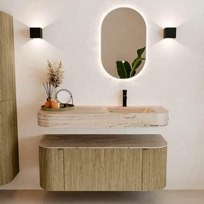 MONDIAZ THOR-DLUX 120cm badmeubel ronding links + rechts kleur Dusk met 1 lade en 2 deuren. Vrijhangende wastafel CLOUD Rechts 1 kraangat kleur Arena.