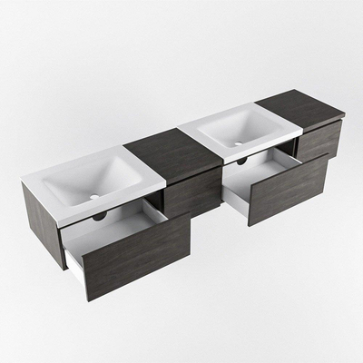 MONDIAZ BUKLA Meuble de salle de bains 200 cm avec module 40 gauche couleur Dark Brown avec 4 tiroirs. Lavabo CLOUD double 2 trous de robinet couleur Talc.