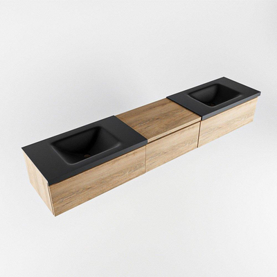 MONDIAZ BUKLA 220cm meuble de salle de bain avec module 60 couleur Chêne blanchi avec 3 tiroirs. Lavabo CLOUD double 0 trou de robinet couleur Urbain.