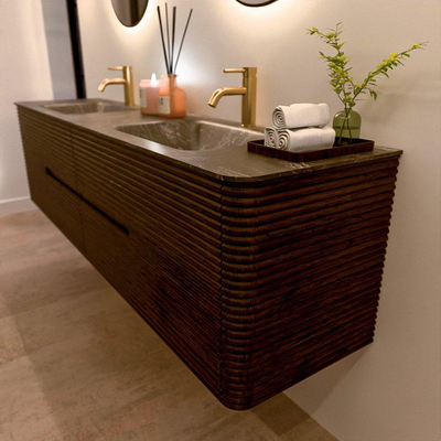 Mondiaz CIRO-DLUX Badkamermeubelset - 190x45x50cm - Solid surface wastafel Lava - 2 wasbak Dubbel - 2 kraangaten - 4 lades - Walnut