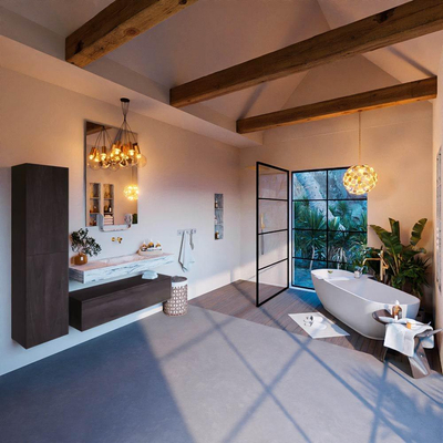 Mondiaz ALAN-DLUX Ensemble de meuble de salle de bain - 80x46cm - 1 tiroir - vasque suspendue - sans trous de robinetterie - 1 au centre - Dark Brown (chêne foncé)