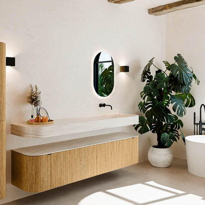 MONDIAZ THOR-DLUX Meuble de salle de bains 190cm arrondi gauche + droite couleur Oak avec 2 tiroirs et 2 portes. Vasque suspendue CLOUD Droite sans trou de robinet couleur Meli.