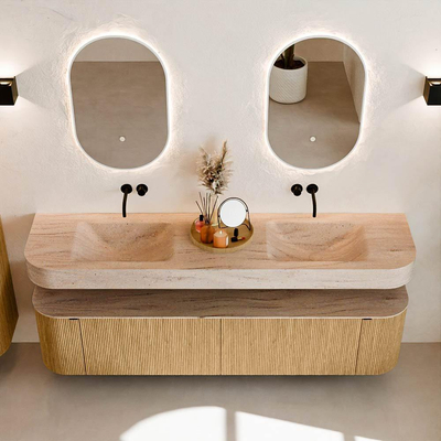 MONDIAZ THOR-DLUX Meuble de salle de bains - 190cm - arrondi gauche + droite - couleur Oak - 2 tiroirs et 2 portes - Vasque suspendue CLOUD Double sans trou de robinet - couleur Saba