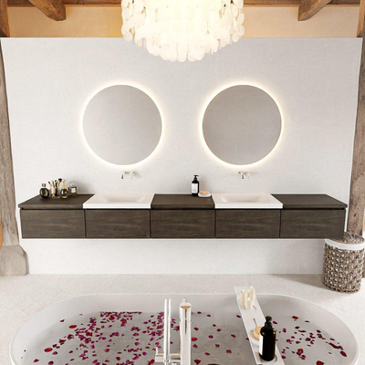 MONDIAZ BUKLA 300cm ensemble de meuble avec module 60 couleur Marron foncé avec 5 tiroirs. Lavabo CLOUD double 0 trou de robinet couleur Talc.
