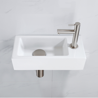 QeramiQ Fuente Ensemble lave-mains - 37.5x18.5x9cm - céramique - trou de robinet à droite - robinet de lave-mains inox brossé - bonde - siphon bas - Blanc mat