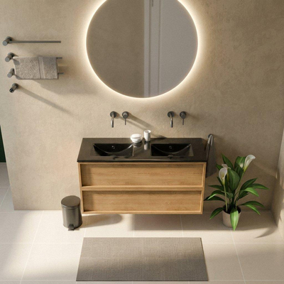 Saniclass Holz Frame Ensemble meuble de salle de bains - 120x45x62cm - Vygo lavabo en céramique noir - 2 vasques - sans trous de robinetterie - 2 tiroirs - chêne natural mat (bois)