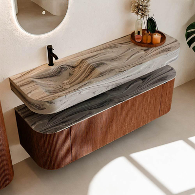 MONDIAZ THOR-DLUX 150cm meuble de salle de bains arrondi gauche + droite couleur Ruby avec 1 tiroir et 2 portes. Vasque suspendue CLOUD Gauche 1 trou de robinet couleur Sombra.