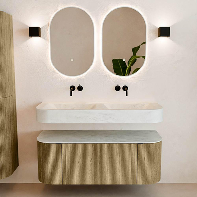 MONDIAZ THOR-DLUX Meuble de salle de bains - 120cm - arrondi gauche + droite - couleur Dusk - 1 tiroir - 2 portes - Vasque suspendue CLOUD Double sans trou de robinet - couleur Opalo