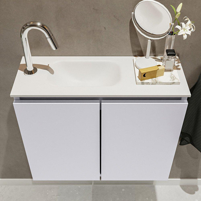 MONDIAZ TURE Toiletmeubel 60x23x50cm met 1 kraangaten 2 deuren cale mat Wastafel Eden links Solid Surface Wit