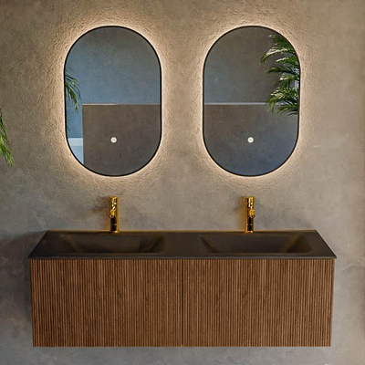 MONDIAZ KURVE 130cm Meuble salle de bain - couleur Walnut - 2 tiroirs - vasque CLOUD double - 2 trous de robinet - Urban