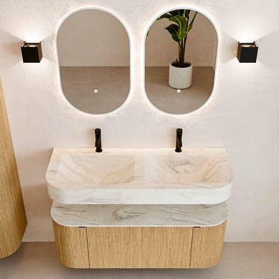 MONDIAZ THOR-DLUX 120cm badmeubel ronding links + rechts kleur Oak met 1 lade en 2 deuren. Vrijhangende wastafel CLOUD Dubbel 2 kraangaten kleur Ostra.