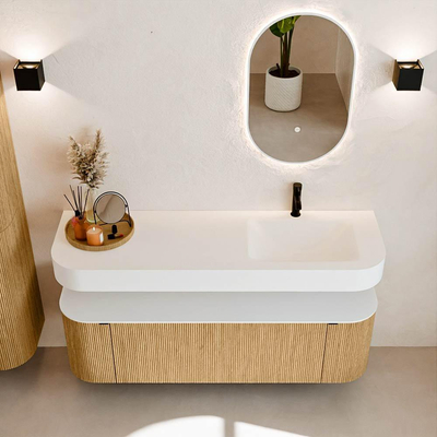 MONDIAZ THOR 150cm meuble de salle de bains arrondi gauche + droite couleur Oak avec 1 tiroir et 2 portes. Vasque suspendue CLOUD Droite 1 trou de robinet couleur Talc.