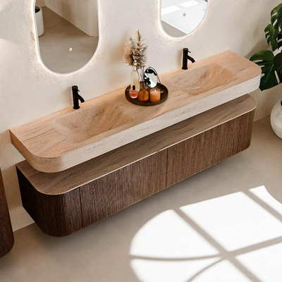 MONDIAZ THOR-DLUX 200cm meuble de salle de bains arrondi à gauche + à droite couleur Noyer avec 2 tiroirs et 2 portes. Lavabo suspendu CLOUD Double 2 trous de robinet couleur Saba.