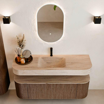 MONDIAZ THOR-DLUX 140cm meuble de salle de bains arrondi gauche + droite couleur Walnut avec 1 tiroir et 2 portes. Vasque suspendue CLOUD Milieu 1 trou de robinet couleur Saba.