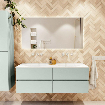 Mondiaz VICA ensemble de meuble de salle de bain - 140cm - meuble sous-vasque greey - 4 tiroirs - lavabo moon double - sans trous de robinet - couleur talc - miroir LED - version XL 60cm de haut