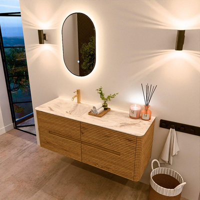 Mondiaz CIRO-DLUX Badkamermeubelset - 130x45x50cm - Solid surface wastafel Frappe - 1 wasbak Links - 1 kraangat - 4 lades - Oak