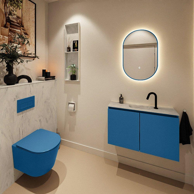 MONDIAZ TURE-DLUX Meuble toilette - 80cm - Jeans - EDEN - vasque Opalo - position centrale - 1 trou de robinet