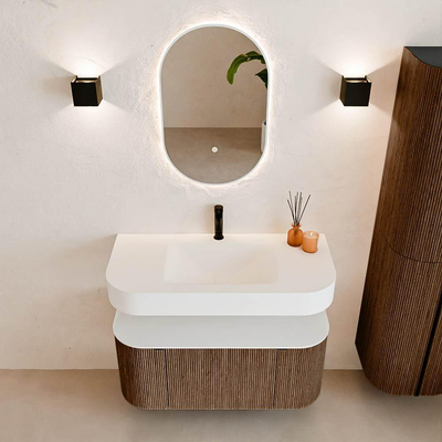MONDIAZ THOR 100cm meuble de salle de bains arrondi gauche + droite couleur Walnut avec 1 tiroir et 2 portes. Vasque suspendue CLOUD Milieu 1 trou de robinet couleur Talc.