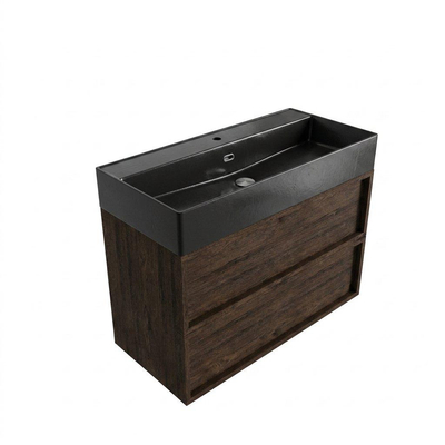 Saniclass Holz Frame Ensemble meuble de salle de bains - 100x45x72cm - Legend lavabo en céramique noir mat - 1 vasque - 1 trou de robinetterie - 2 tiroirs - chêne charcoal mat (bois)