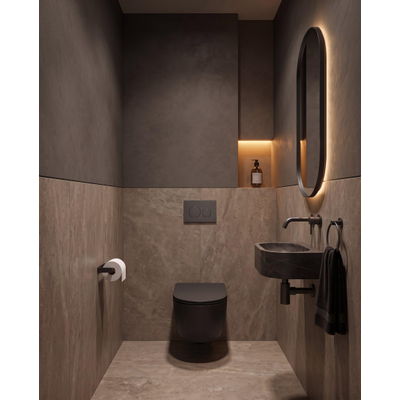 QeramiQ Dely Swirl Toiletset - 36.3x51.7cm - Geberit UP320 inbouwreservoir - met Burda frame - slim zitting - bedieningsplaat licht grijs - ronde knoppen - mat zwart