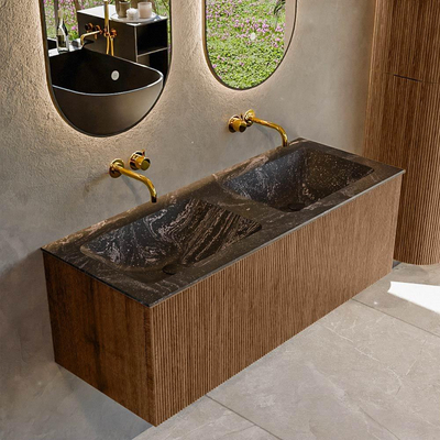 MONDIAZ KURVE-DLUX 120cm Meuble salle de bain - couleur Walnut - 1 tiroir - vasque LEAF double - sans trou de robinet - couleur Lava