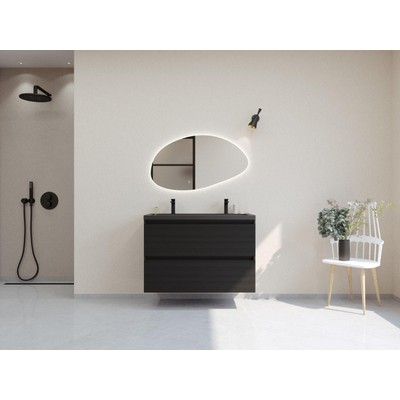 HR badmeubelen Infinity XXL 3D Ensemble meuble de salle de bains - 100 cm - 1 lavabo en céramique djazz noir mat - 2 trous de robinet - 2 tiroirs - noir mat