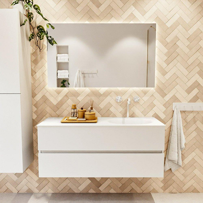 MONDIAZ VICA meuble sous lavabo 120cm Talc 2 tiroirs. Lavabo MOON droite 1 trou de robinet, couleur Talc.