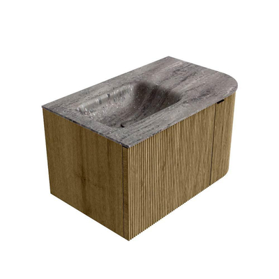 MONDIAZ KURVE-DLUX meuble de salle de bains 75cm arrondi droite couleur Dusk avec 1 tiroir et 1 porte. Lavabo GRUNNE gauche 1 trou de robinet Oza.