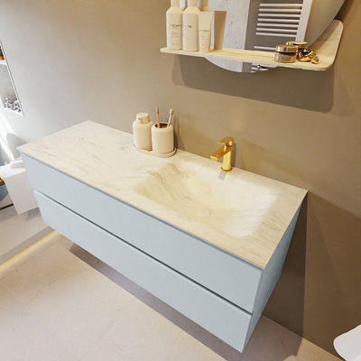 Mondiaz VICA-DLUX ensemble de meuble de salle de bain - 130cm - meuble sous-vasque argile - 2 tiroirs - lavabo encastré nuage droite - 1 trou de robinet - version haute 60cm - opalo