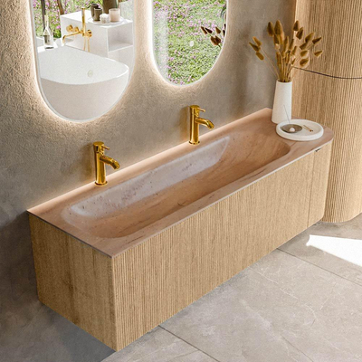 MONDIAZ KURVE-DLUX 145cm badmeubel ronding Rechts kleur Oak met 1 lade en 1 deur. Wastafel BIG LARGE Links 2 kraangaten Saba.