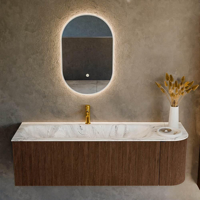 MONDIAZ KURVE-DLUX meuble de salle de bains 145cm avec module 25 R couleur noyer avec 1 tiroir et 1 porte. Lavabo BIG LARGE gauche 1 trou de robinet couleur Glace.