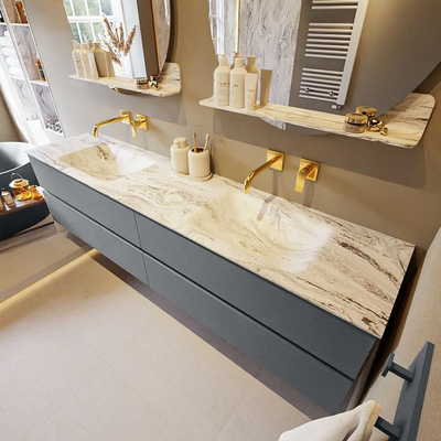 MONDIAZ VICA-DLUX Ensemble meuble de salle de bains - 200cm - meuble bas Plata - 4 tiroirs - lavabo encastré Cloud double - sans trous de robinetterie - version haute 60cm - Glace