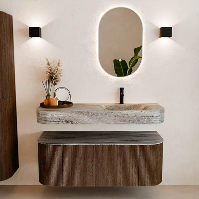 MONDIAZ THOR-DLUX 120cm badmeubel ronding links + rechts kleur Walnut met 1 lade en 2 deuren. Vrijhangende wastafel CLOUD Rechts 1 kraangat kleur Oza.